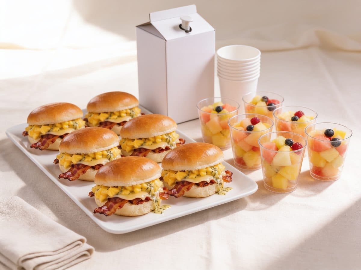 A meeting breakfast: a platter of brioche egg, bacon and cheese sandwiches, fruit cups, a coffee box and paper cups