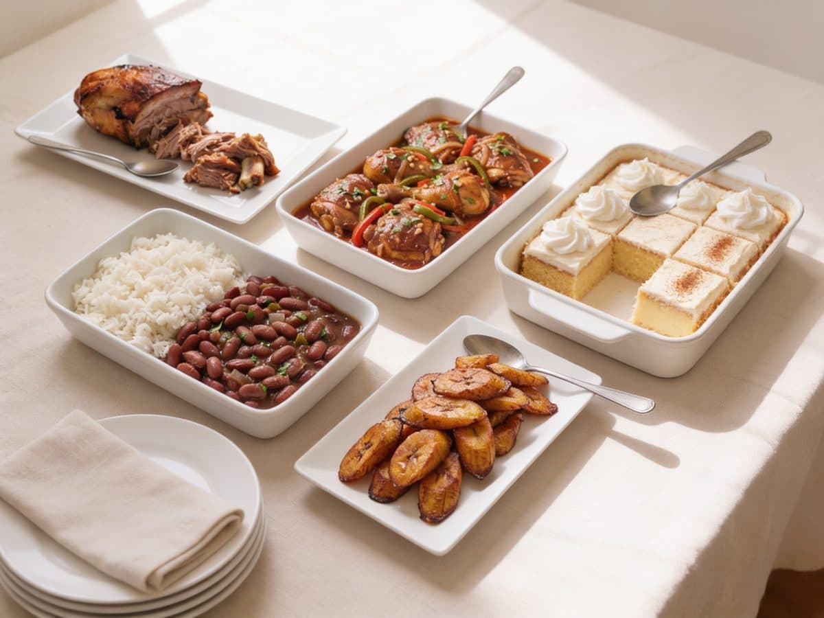 A Dominican party table on white dishes: pernil, pollo guisado, rice and beans, sweet plantains and a pan of tres leches cake