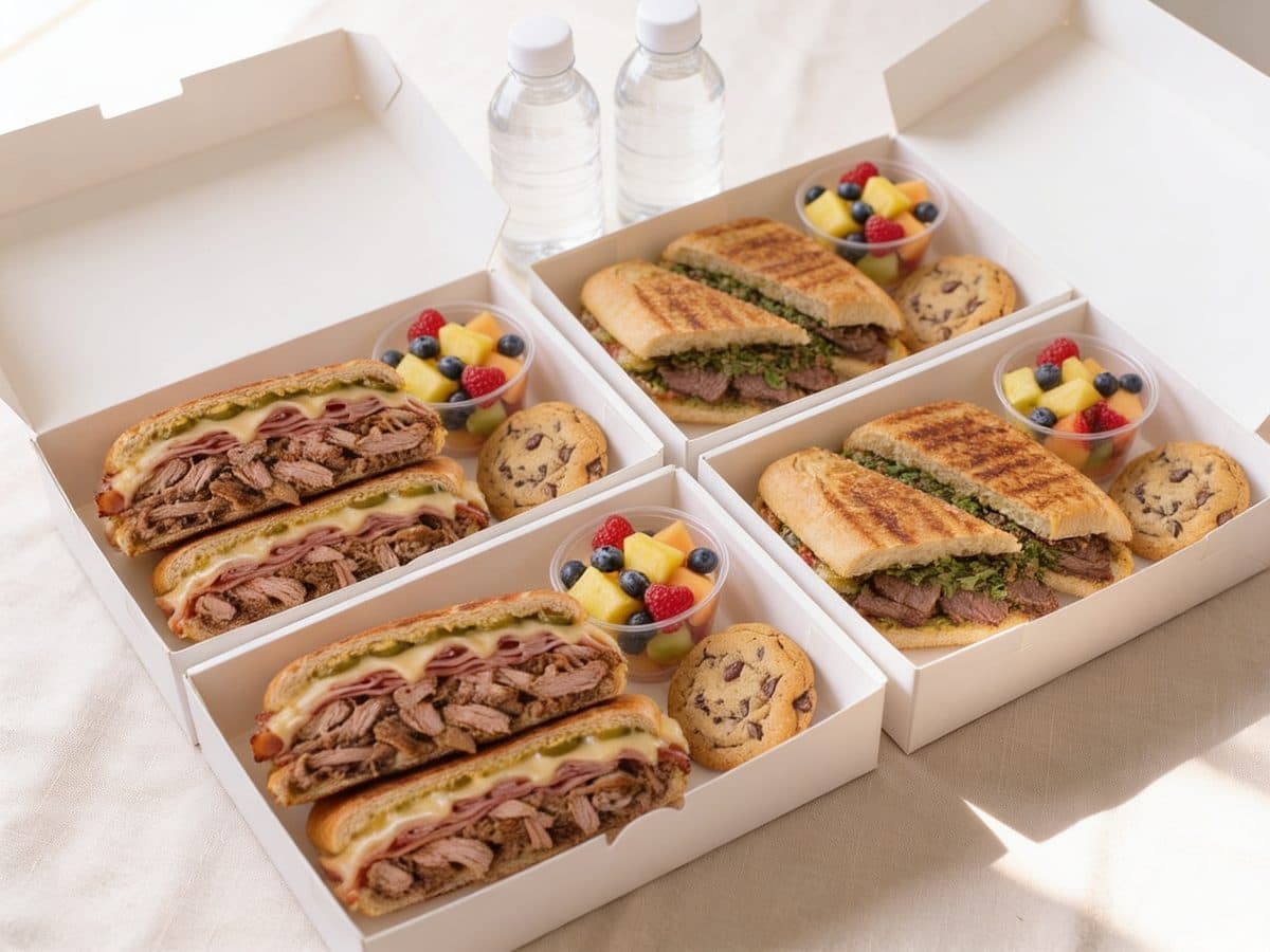 Four open white lunch boxes, two with a pressed Cubano and two with a steak chimichurri sandwich, each with a fruit cup and a cookie, and two water bottles
