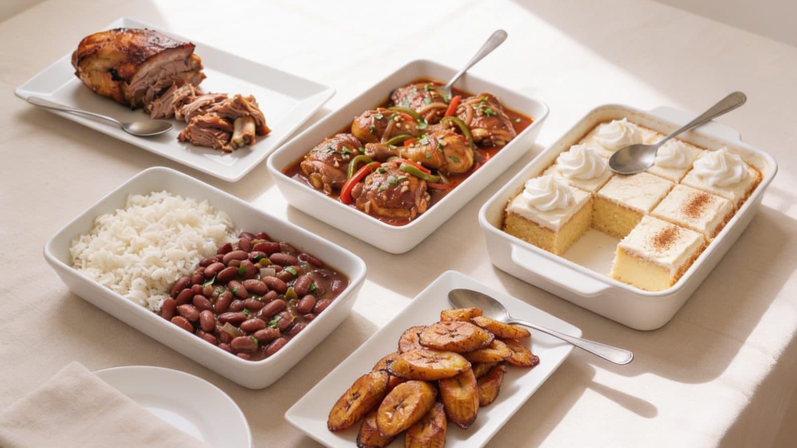 A catering table on white dishes: pernil, pollo guisado, rice and beans, sweet plantains and a pan of tres leches cake
