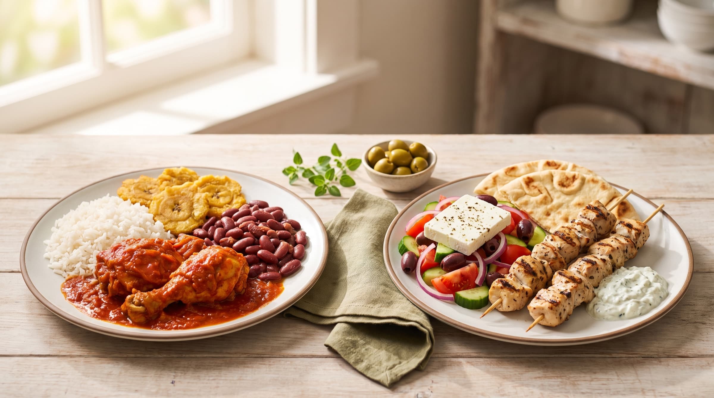 Olive & Oregano: a Dominican plate and a Greek plate side by side
