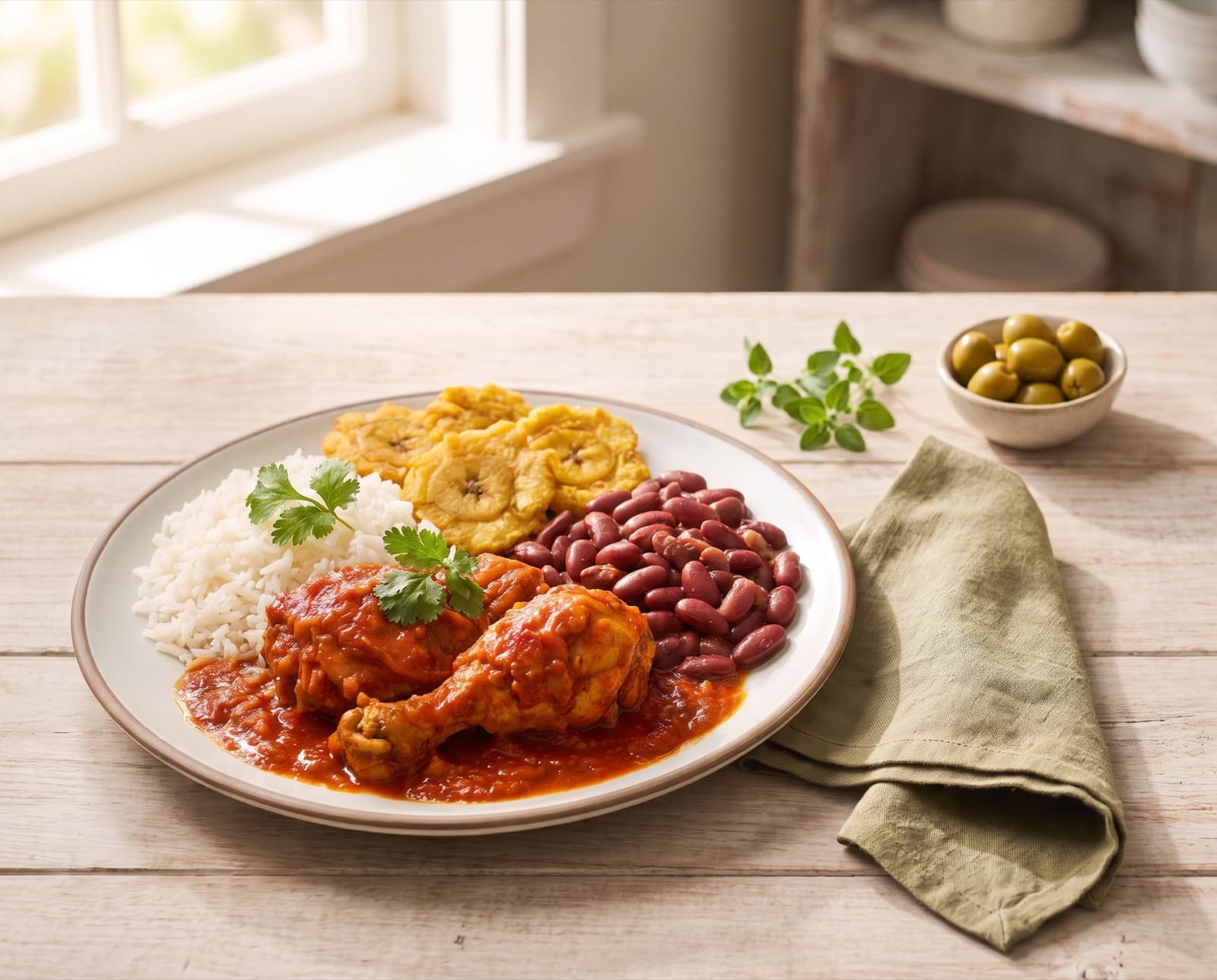 Dominican plate: pollo guisado, rice, red beans, tostones